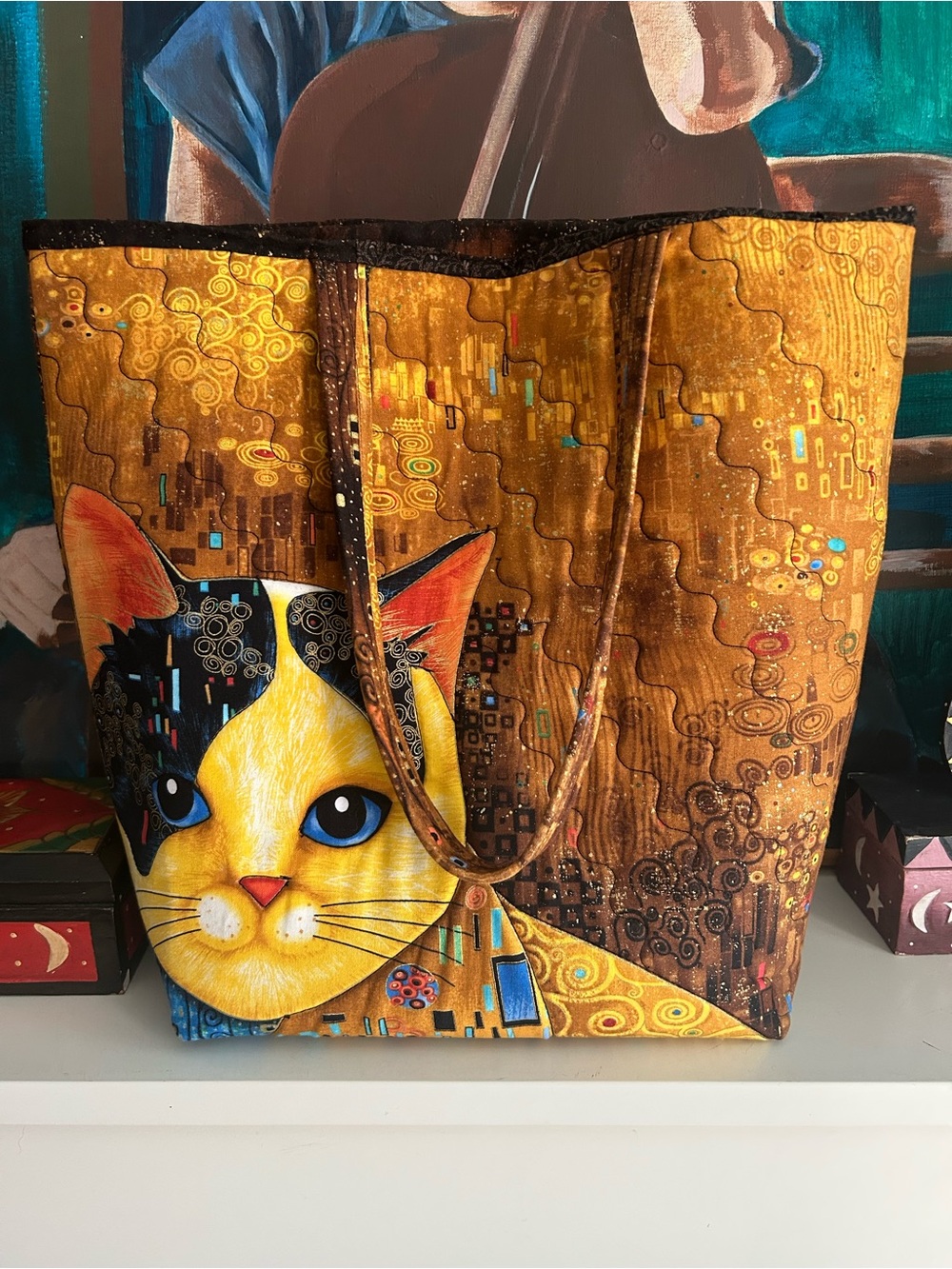 Handmade Quilted Cat Tote Bag Klimt Inspired Art Print Whimsical Shoulder Bag